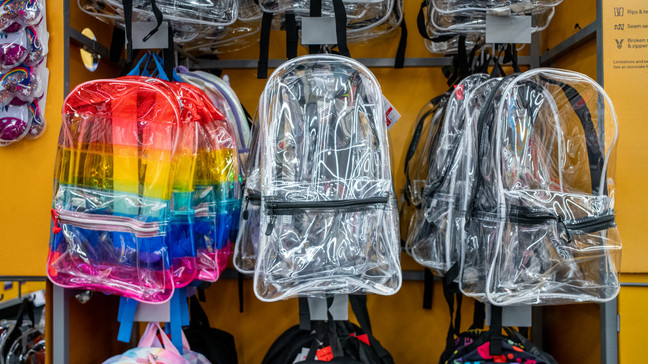HOUSTON, TEXAS - JULY 25: Clear backpacks are dispayed in a Staples office equipment store on July 25, 2022 in Houston, Texas. School districts around Texas have begun requiring students to use clear backpacks following the school shooting at Robb Elementary School in Uvalde, Texas. (Photo by Brandon Bell/Getty Images)